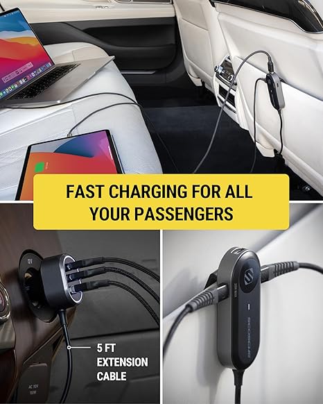 Scosche 100W Multi Port Travel Car Charging Hub 6 Port - Front & Back Seat USB-C & USB-A Charger