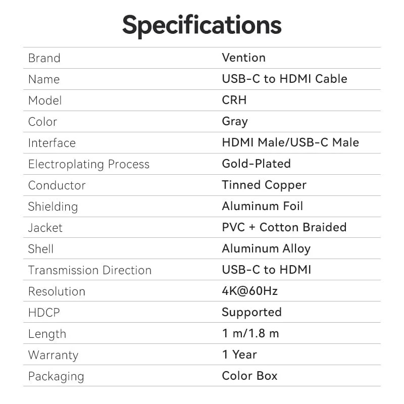 Vention Cotton Braided USB-C to HDMI-A 4K HD Cable 1.8M Aluminum Alloy Type