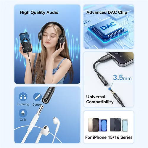 Vention USB-C Male to 3.5MM Earphone Jack with DAC Adapter 0.1M