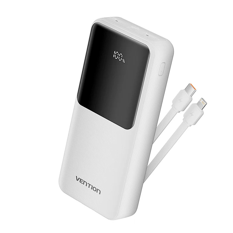 Vention Power Bank 20000mAh (Micro-USB + USB-C + USB-A + USB-A) with Built-in USB-C and Lightning Cables 22.5W