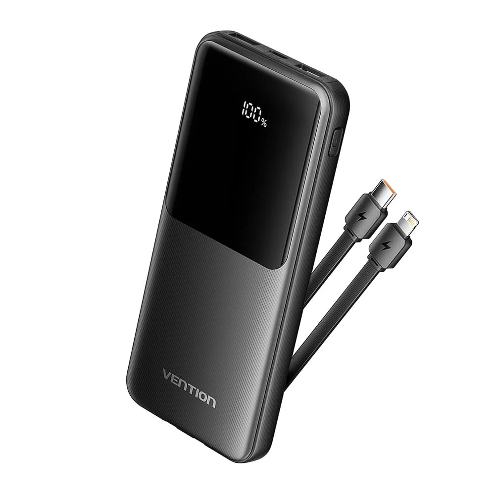 Vention Power Bank 10000mAh (Micro-USB + USB-C + USB-A + USB-A) with Built-in USB-C and Lightning Cables 22.5W
